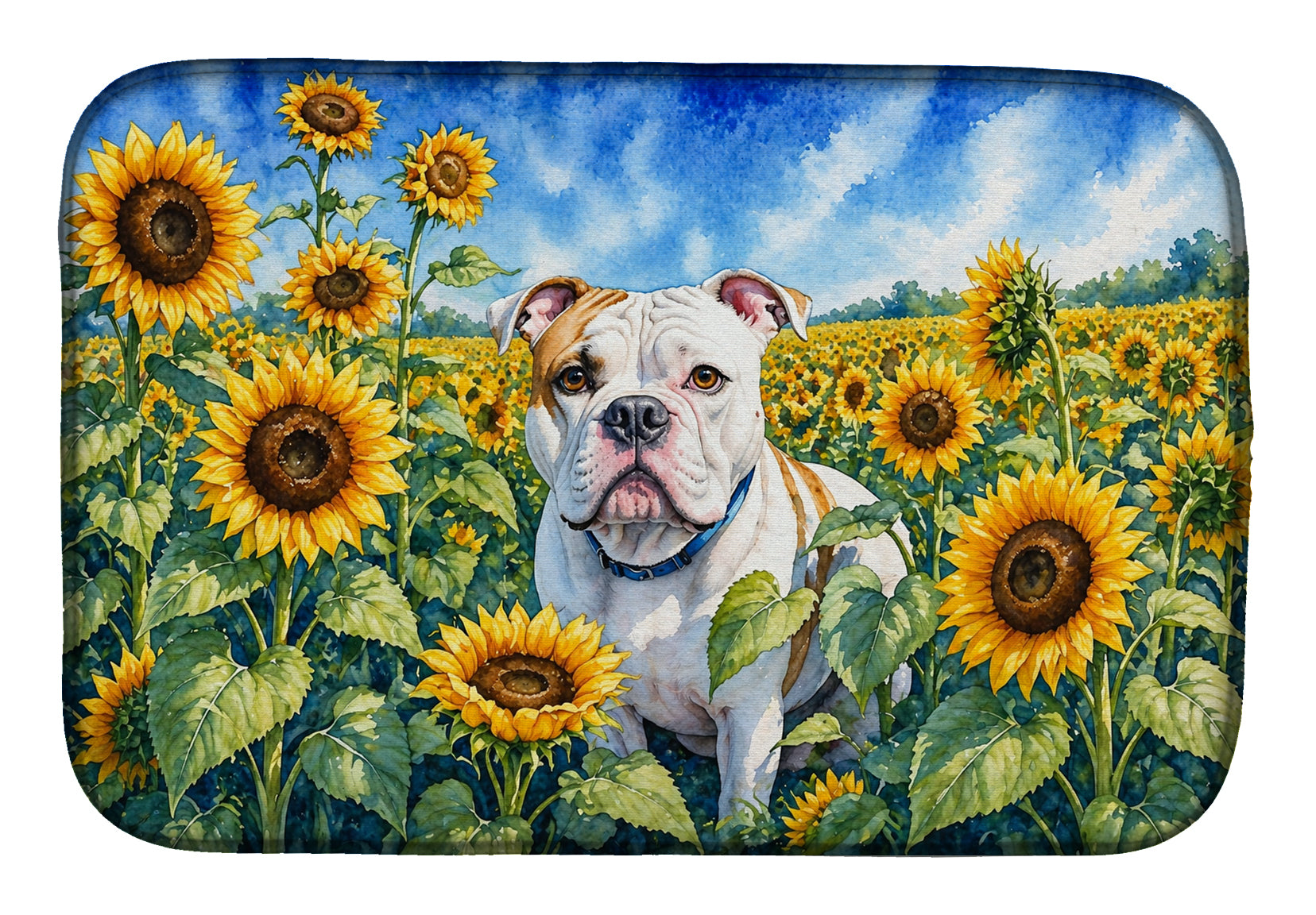 American Bulldog in Sunflowers Dish Drying Mat Absorbent Dish Drying Mat Pad for Kitchen Counter Dish Drainer Mat for Countertop, 14 x 21", Multicolor