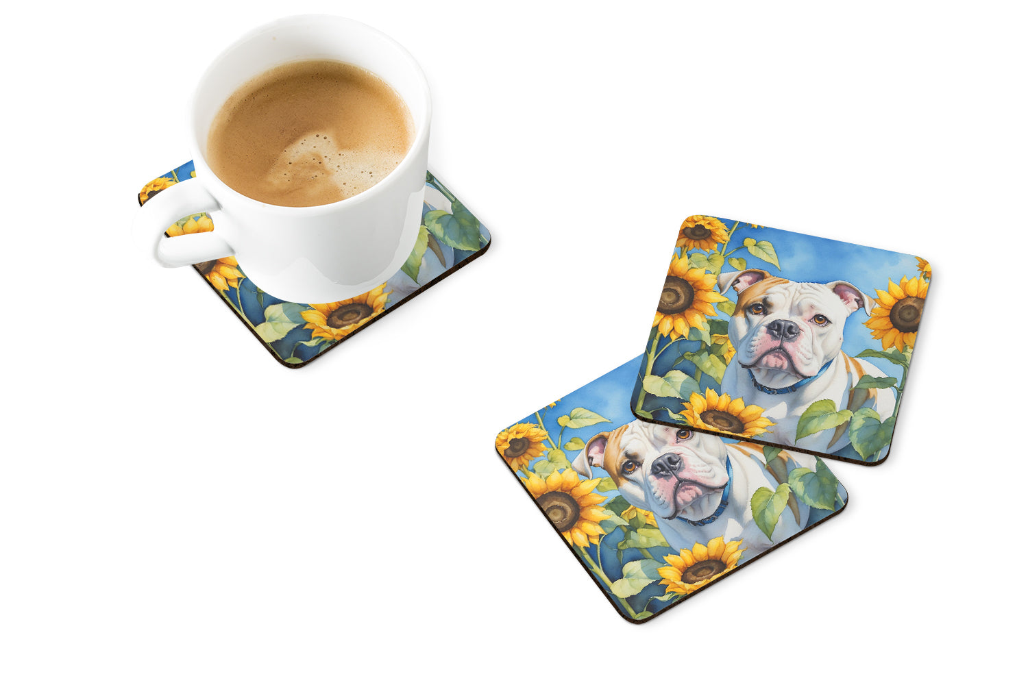 American Bulldog in Sunflowers Foam Coasters Set of 4 Cup Coasters for Indoor Outdoor, Tabletop Protection, Anti Slip, Mouse pad Material