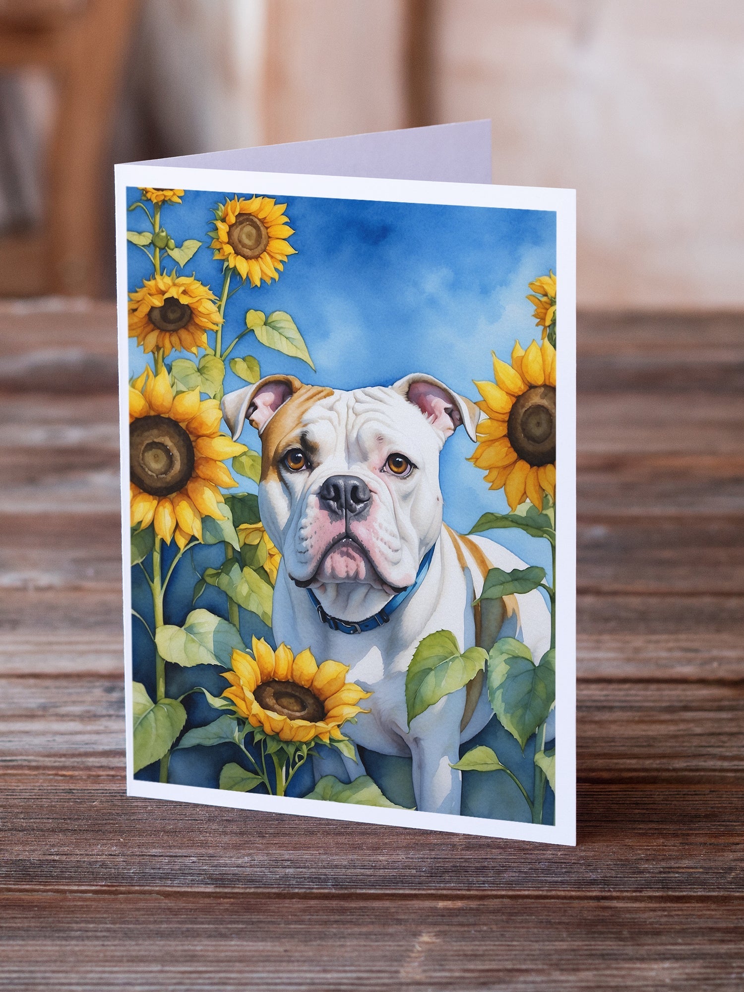 American Bulldog in Sunflowers Greeting Cards Pack of 8 Blank Cards with Envelopes Whimsical A7 Size 5x7