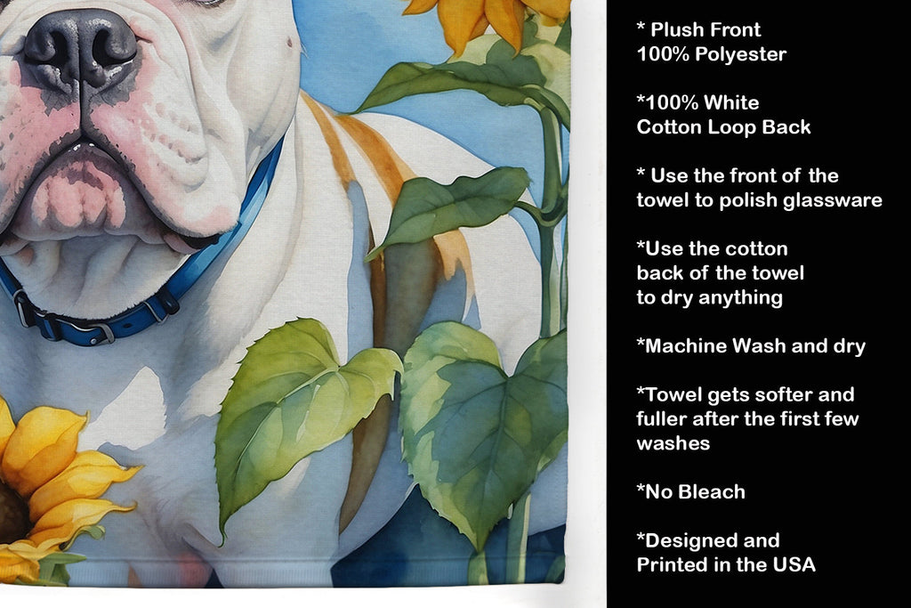 American Bulldog in Sunflowers Kitchen Towel Velour Plush Front and Cotton Loop Back Machine Washable