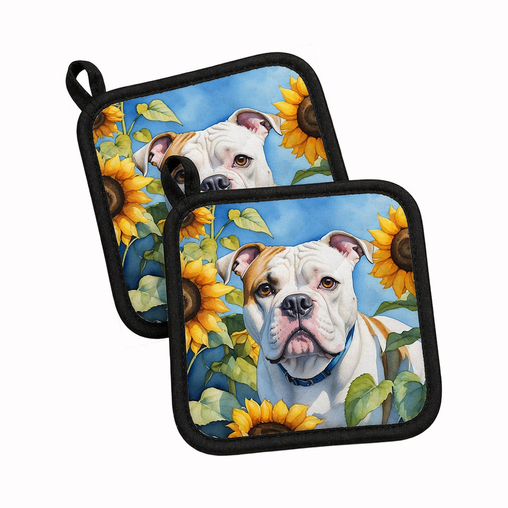 American Bulldog in Sunflowers Pot Holder Set of 2 Heat Resistant Quilted Hot Pads 7.5 x 7.5 Inch, Insulated Kitchen Trivets for Cooking & Baking