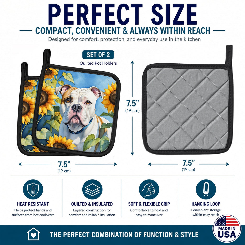 American Bulldog in Sunflowers Pot Holder Set of 2 Heat Resistant Quilted Hot Pads 7.5 x 7.5 Inch, Insulated Kitchen Trivets for Cooking & Baking