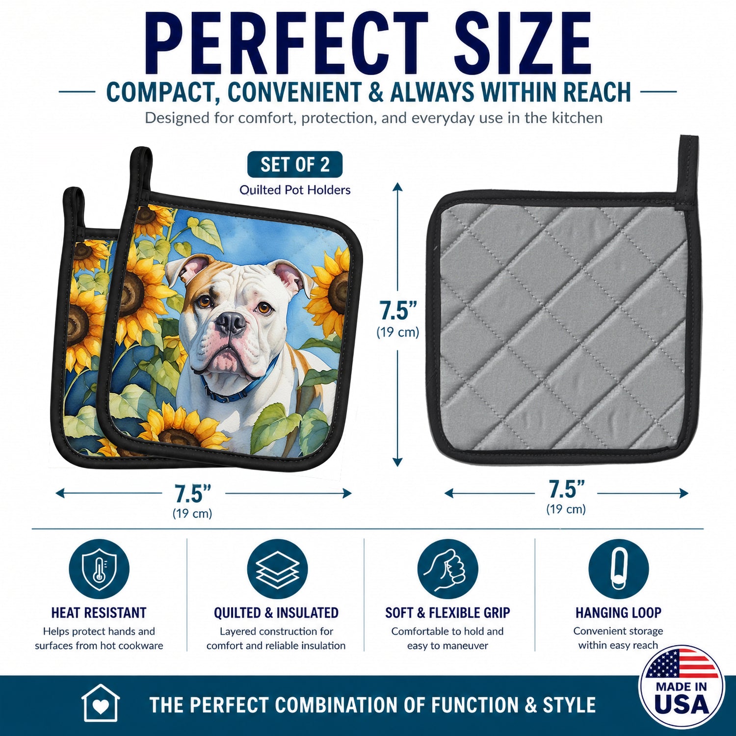 American Bulldog in Sunflowers Pot Holder Set of 2 Heat Resistant Quilted Hot Pads 7.5 x 7.5 Inch, Insulated Kitchen Trivets for Cooking & Baking