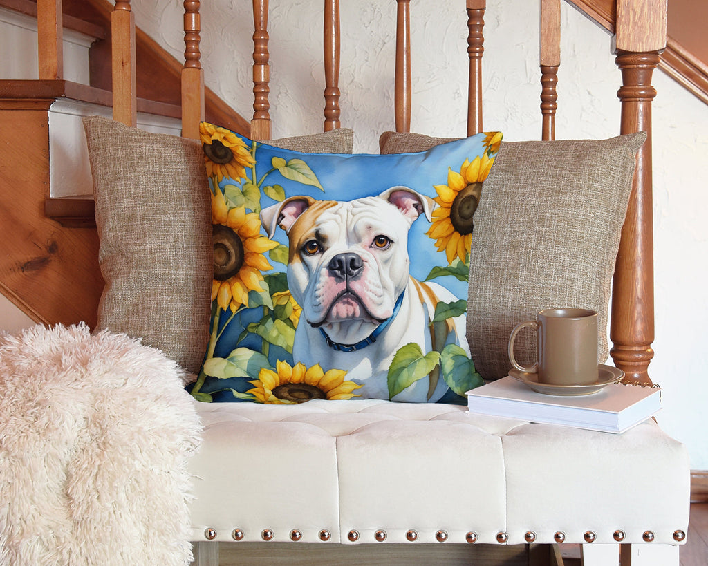 American Bulldog in Sunflowers Decorative Throw Pillow 14x14 Indoor Outdoor Accent Cushion, Fabric Cover with Insert for Sofa, Bed, Porch & Living Room