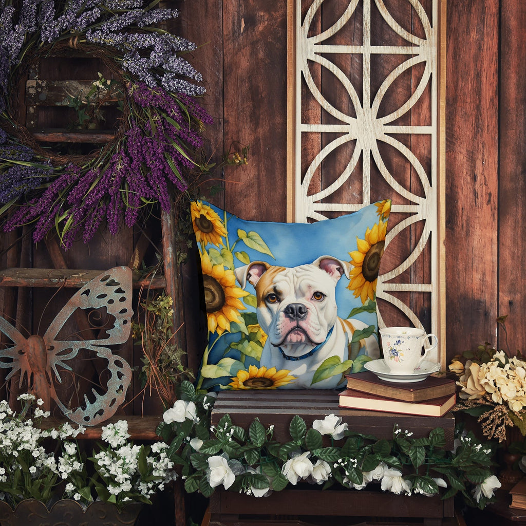 American Bulldog in Sunflowers Decorative Throw Pillow 14x14 Indoor Outdoor Accent Cushion, Fabric Cover with Insert for Sofa, Bed, Porch & Living Room