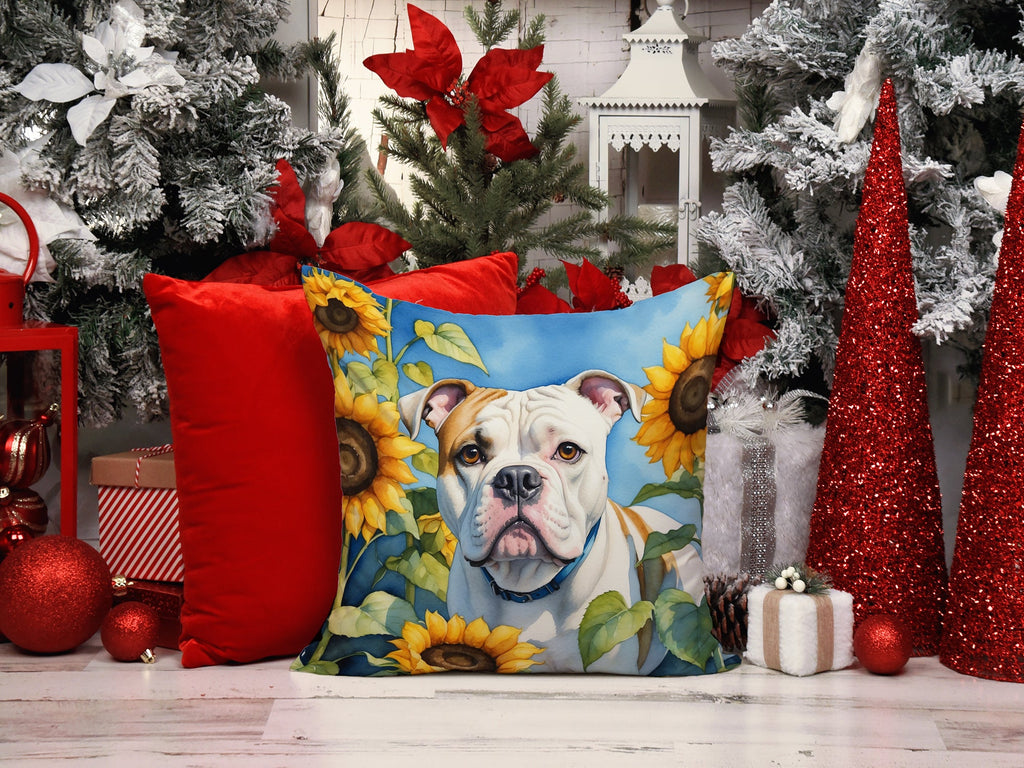 American Bulldog in Sunflowers Decorative Throw Pillow 14x14 Indoor Outdoor Accent Cushion, Fabric Cover with Insert for Sofa, Bed, Porch & Living Room