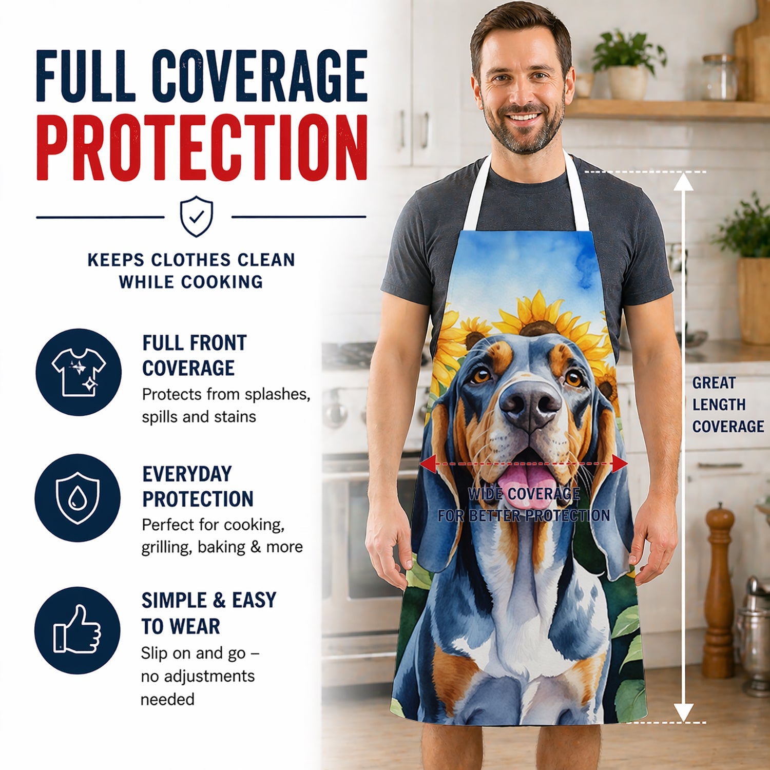 American English Coonhound in Sunflowers Apron Cooking Kitchen Server Baking Crafts Gardening for Adult Women Men, Unisex, Large, Multicolor