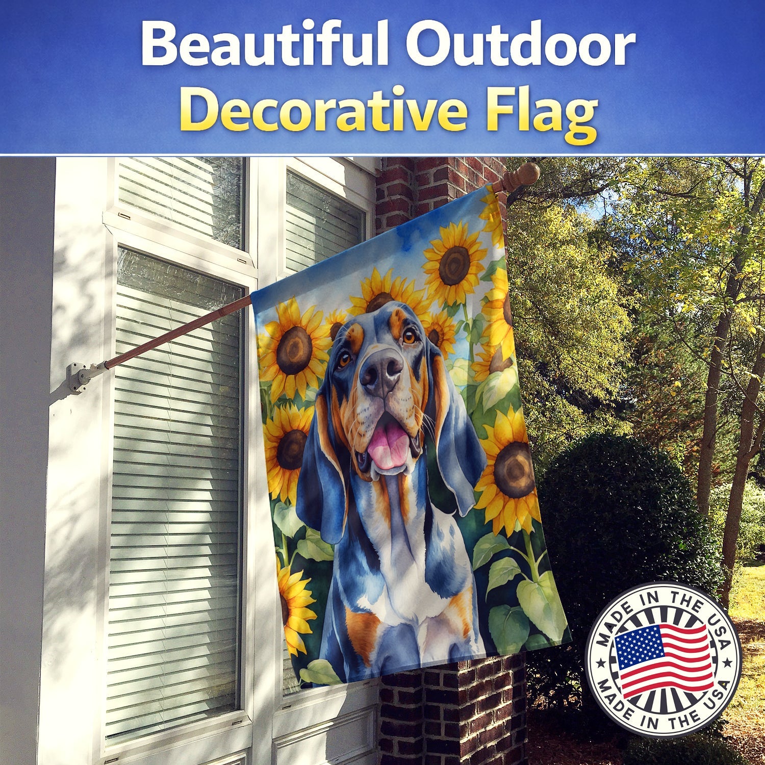 American English Coonhound in Sunflowers House Flag 28x40 Porch Sleeve Pole Decorative Outside Yard Banner Artwork Wall Hanging, Polyester