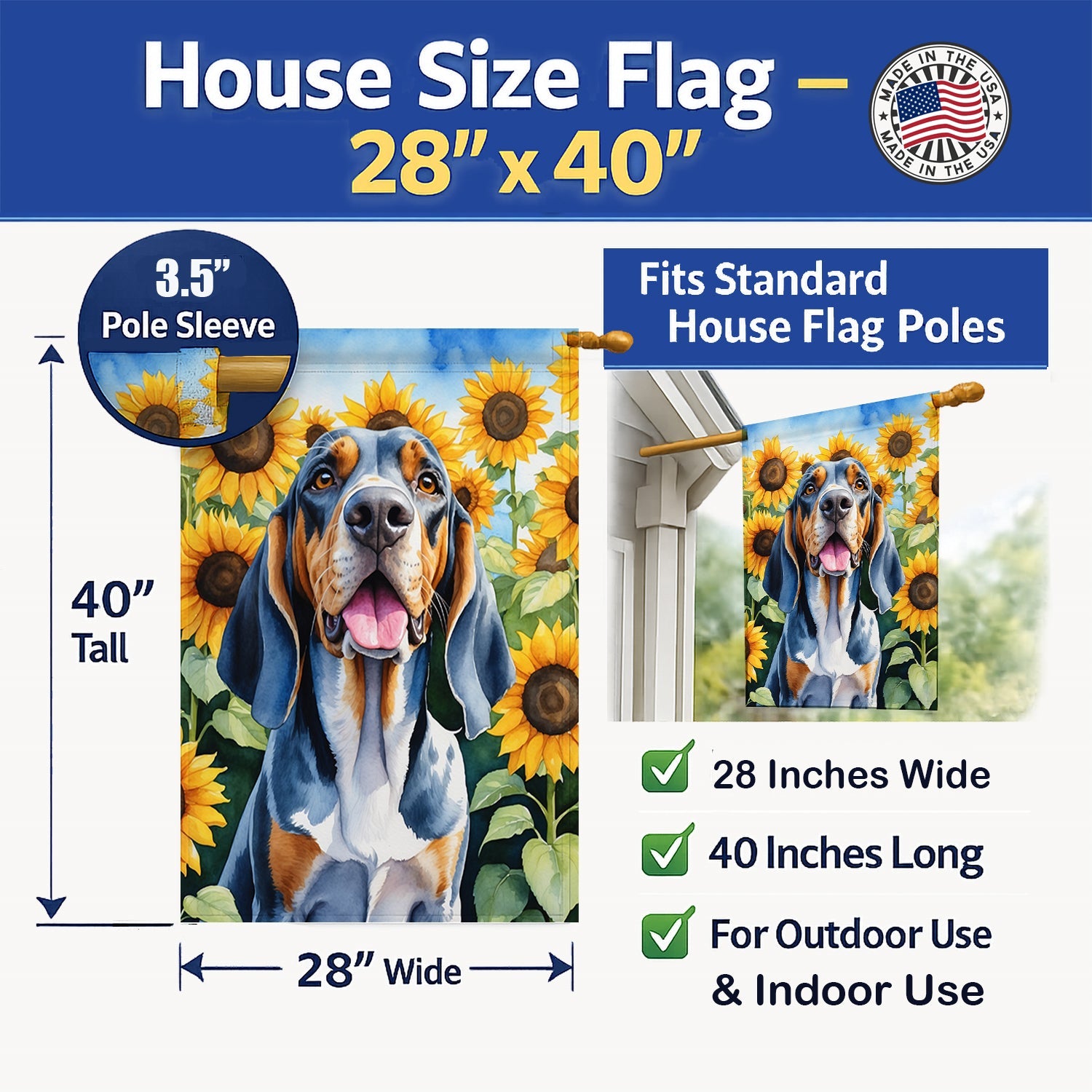 American English Coonhound in Sunflowers House Flag 28x40 Porch Sleeve Pole Decorative Outside Yard Banner Artwork Wall Hanging, Polyester
