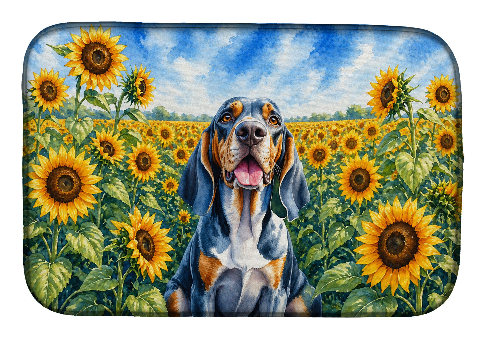 American English Coonhound in Sunflowers Dish Drying Mat Absorbent Dish Drying Mat Pad for Kitchen Counter Dish Drainer Mat for Countertop, 14 x 21", Multicolor