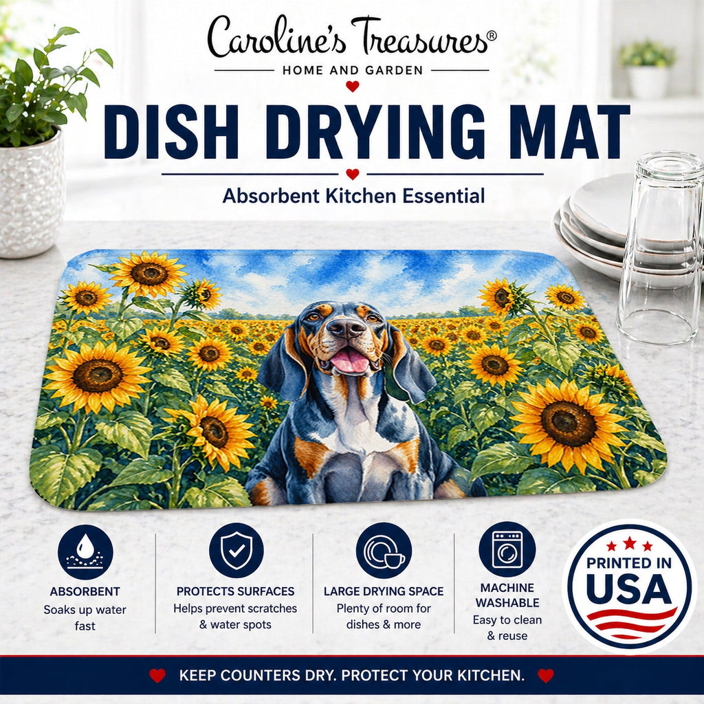 American English Coonhound in Sunflowers Dish Drying Mat Absorbent Dish Drying Mat Pad for Kitchen Counter Dish Drainer Mat for Countertop, 14 x 21", Multicolor