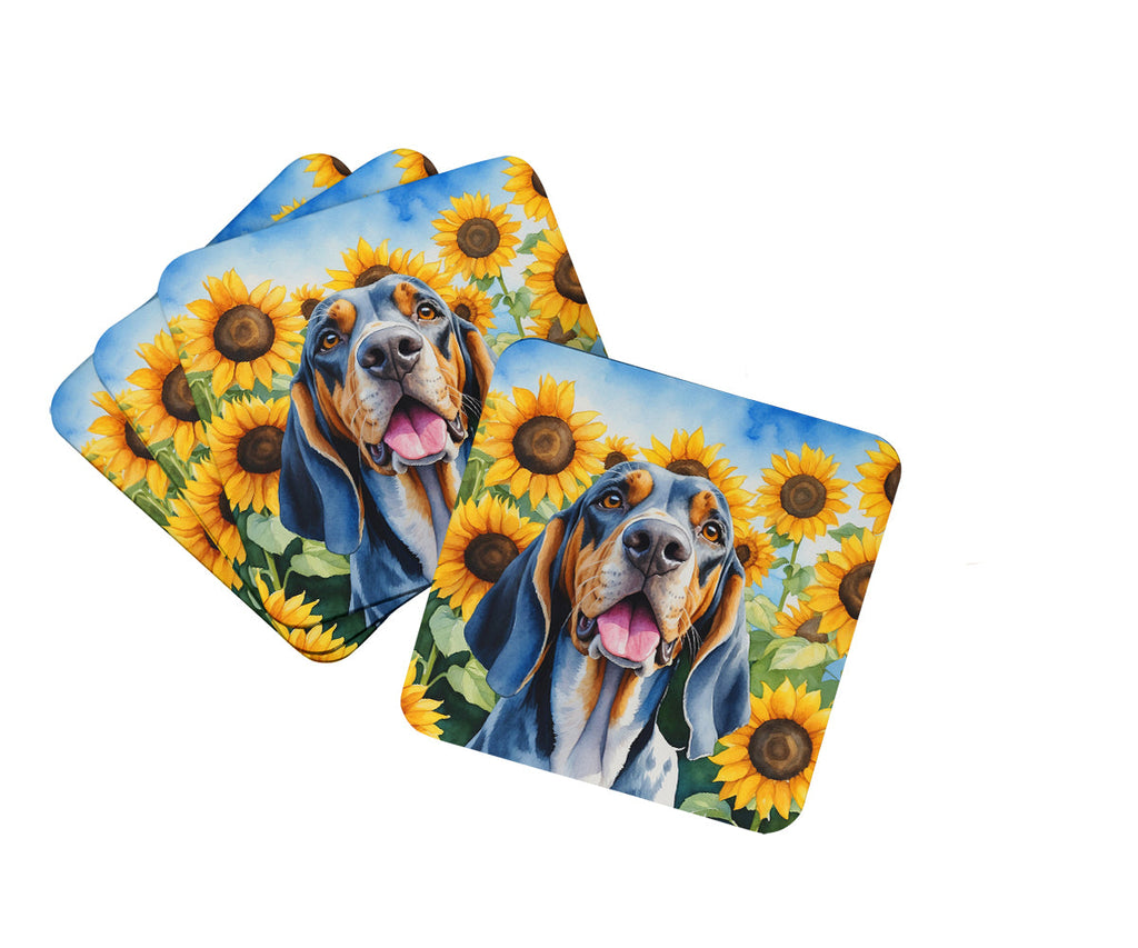 American English Coonhound in Sunflowers Foam Coasters Set of 4 Cup Coasters for Indoor Outdoor, Tabletop Protection, Anti Slip, Mouse pad Material