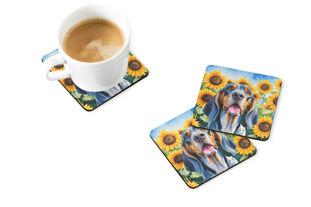 American English Coonhound in Sunflowers Foam Coasters Set of 4 Cup Coasters for Indoor Outdoor, Tabletop Protection, Anti Slip, Mouse pad Material