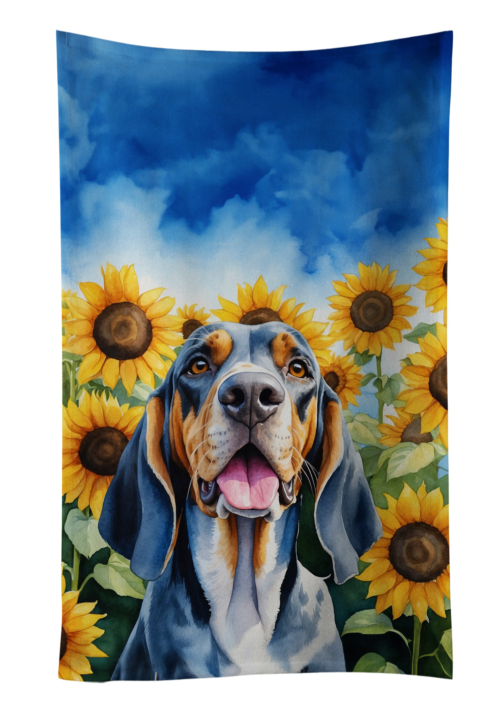 American English Coonhound in Sunflowers Kitchen Towel Velour Plush Front and Cotton Loop Back Machine Washable
