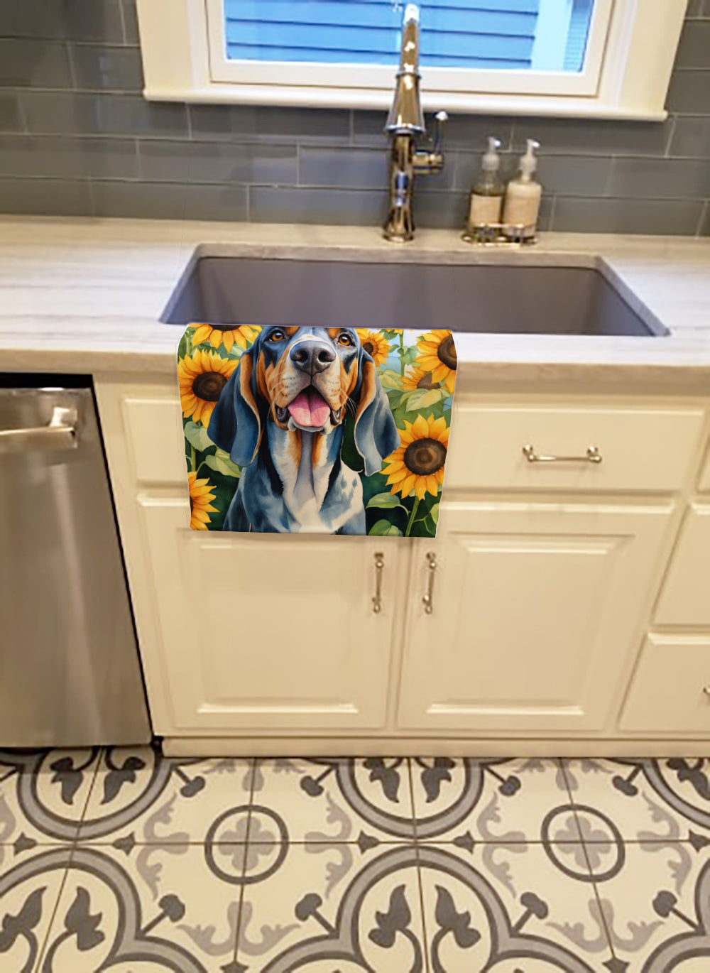 American English Coonhound in Sunflowers Kitchen Towel Velour Plush Front and Cotton Loop Back Machine Washable