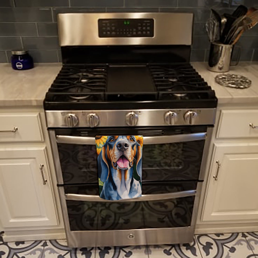 American English Coonhound in Sunflowers Kitchen Towel Velour Plush Front and Cotton Loop Back Machine Washable