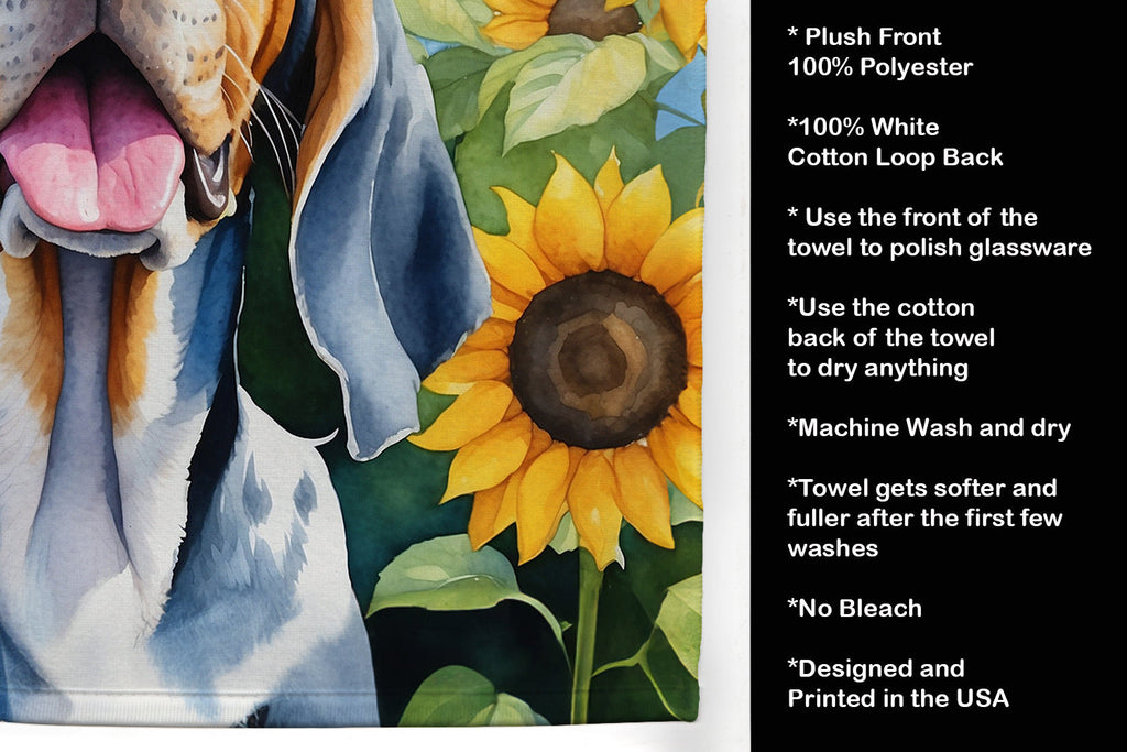 American English Coonhound in Sunflowers Kitchen Towel Velour Plush Front and Cotton Loop Back Machine Washable