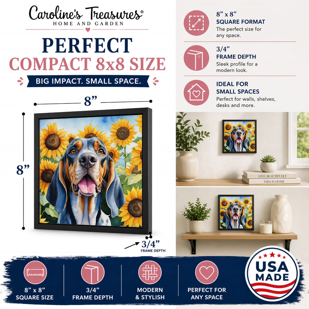 American English Coonhound in Sunflowers Framed Metal Print Bathroom, Kitchen, Office, Home Decor Wall Art Ready to Hang, Square, 8X8