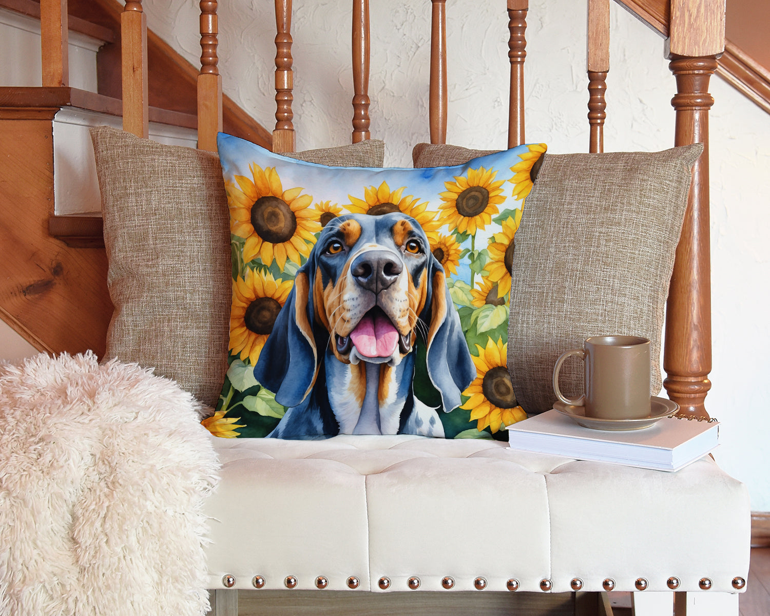 American English Coonhound in Sunflowers Decorative Throw Pillow 14x14 Indoor Outdoor Accent Cushion, Fabric Cover with Insert for Sofa, Bed, Porch & Living Room