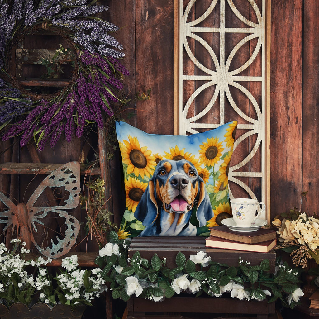 American English Coonhound in Sunflowers Decorative Throw Pillow 14x14 Indoor Outdoor Accent Cushion, Fabric Cover with Insert for Sofa, Bed, Porch & Living Room