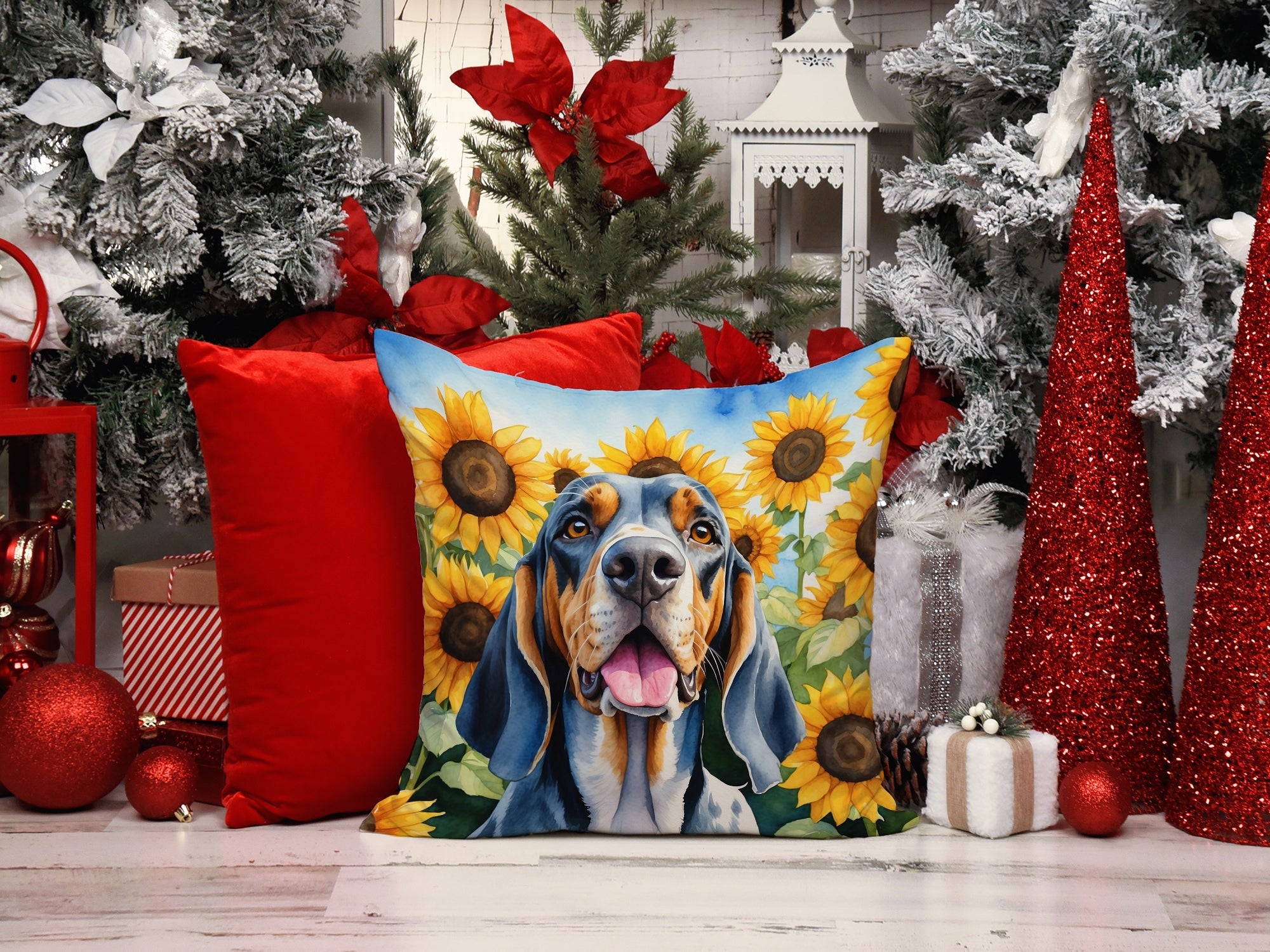 American English Coonhound in Sunflowers Decorative Throw Pillow 14x14 Indoor Outdoor Accent Cushion, Fabric Cover with Insert for Sofa, Bed, Porch & Living Room