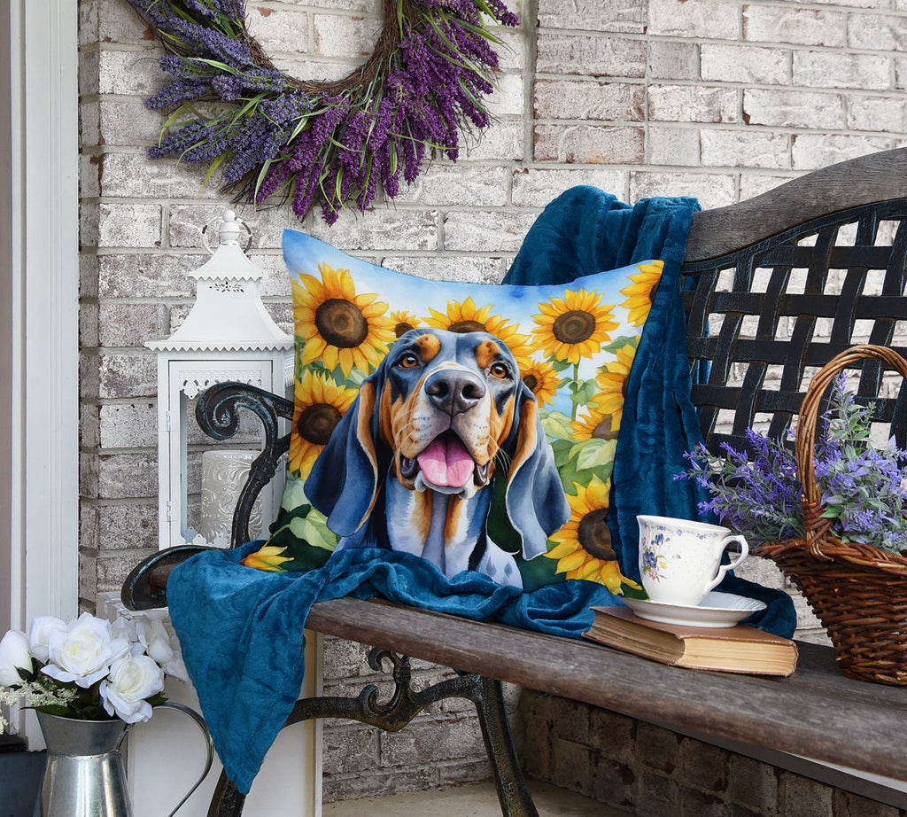 American English Coonhound in Sunflowers Decorative Throw Pillow 18x18 Indoor Outdoor Accent Cushion, Fabric Cover with Insert for Sofa, Bed, Porch & Living Room