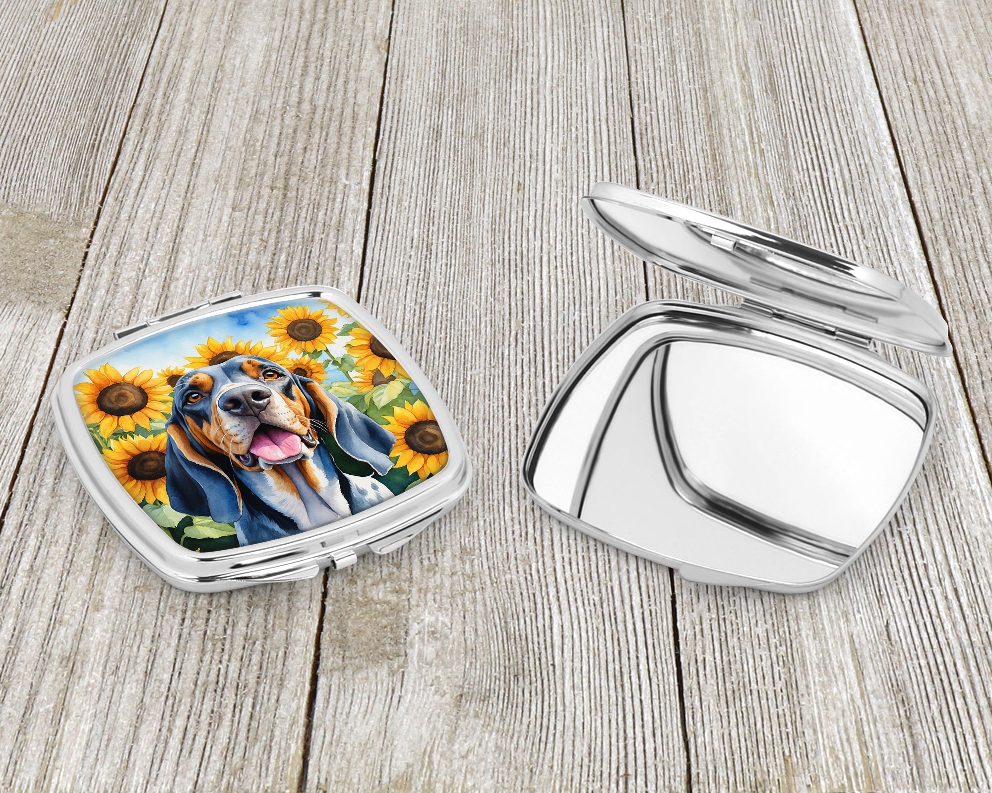 American English Coonhound in Sunflowers Compact Mirror Decorative Travel Makeup Mirror for Women Girls Gifts Pocket Makeup Mirror Folding Handheld