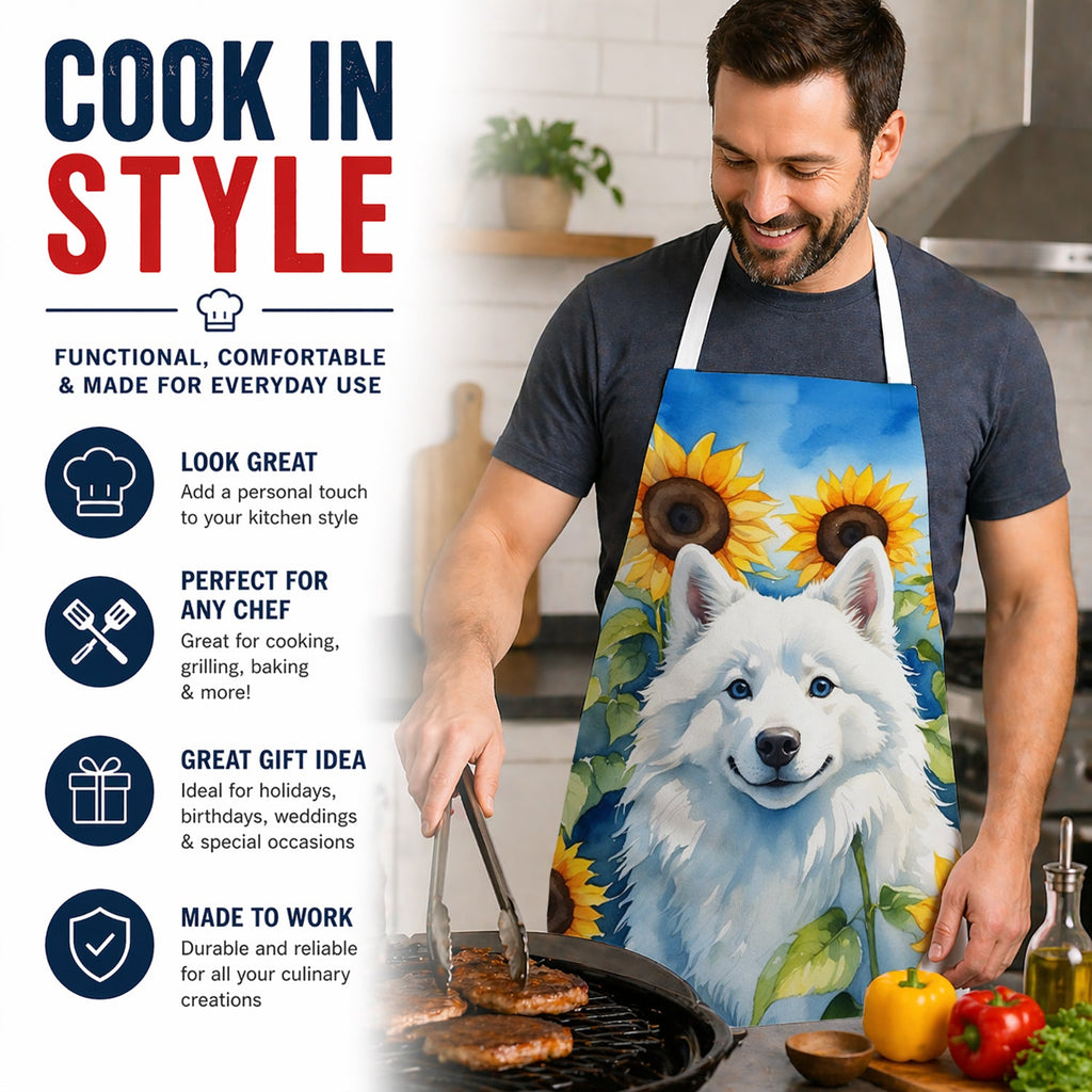 American Eskimo in Sunflowers Apron Cooking Kitchen Server Baking Crafts Gardening for Adult Women Men, Unisex, Large, Multicolor