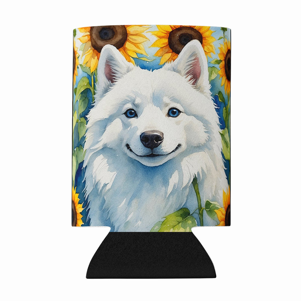 American Eskimo in Sunflowers Can or Bottle Hugger Cooler Sleeve for Standard 12 oz Cans, Insulated Foam Beer & Soda Can Hugger Reusable