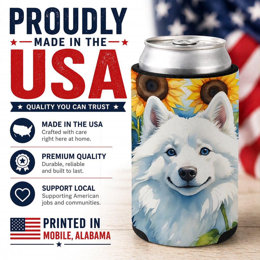 American Eskimo in Sunflowers Can or Bottle Hugger Cooler Sleeve for Standard 12 oz Cans, Insulated Foam Beer & Soda Can Hugger Reusable