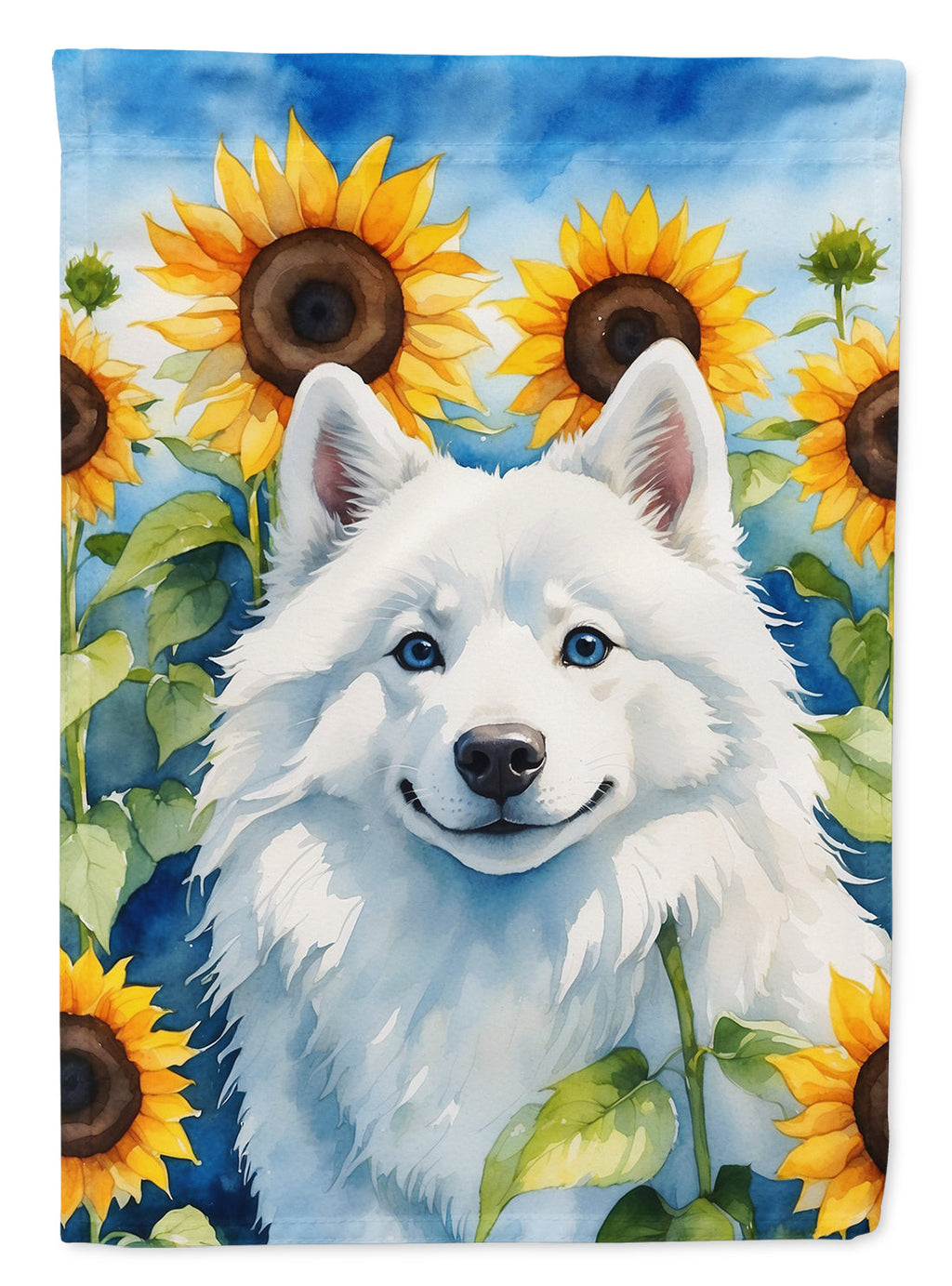 American Eskimo in Sunflowers House Flag 28x40 Porch Sleeve Pole Decorative Outside Yard Banner Artwork Wall Hanging, Polyester