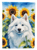 American Eskimo in Sunflowers House Flag 28x40 Porch Sleeve Pole Decorative Outside Yard Banner Artwork Wall Hanging, Polyester