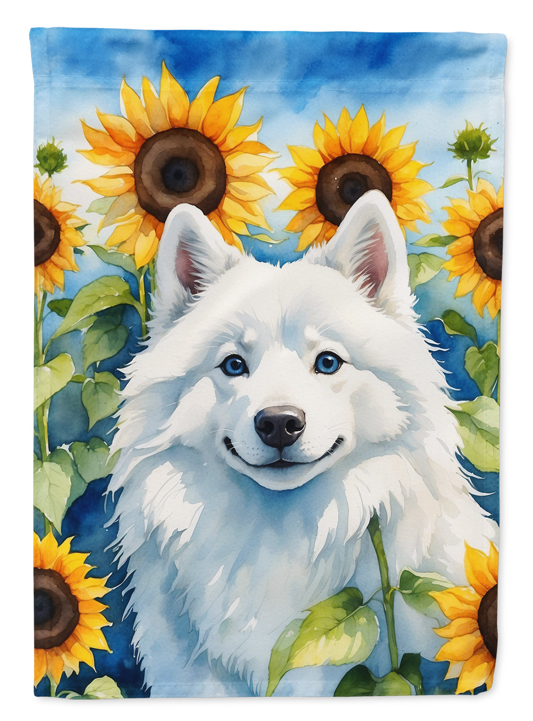 American Eskimo in Sunflowers House Flag 28x40 Porch Sleeve Pole Decorative Outside Yard Banner Artwork Wall Hanging, Polyester