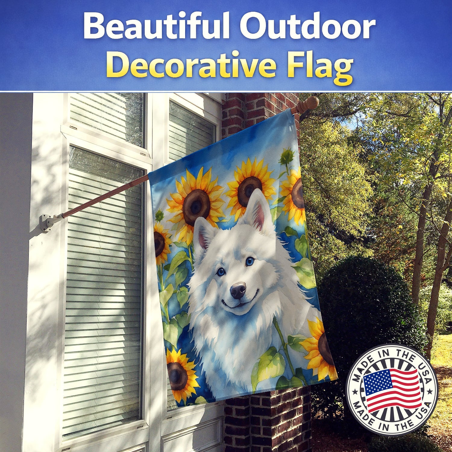 American Eskimo in Sunflowers House Flag 28x40 Porch Sleeve Pole Decorative Outside Yard Banner Artwork Wall Hanging, Polyester