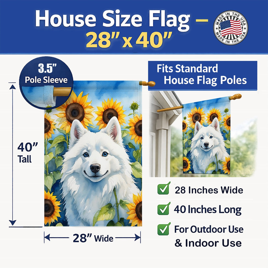 American Eskimo in Sunflowers House Flag 28x40 Porch Sleeve Pole Decorative Outside Yard Banner Artwork Wall Hanging, Polyester