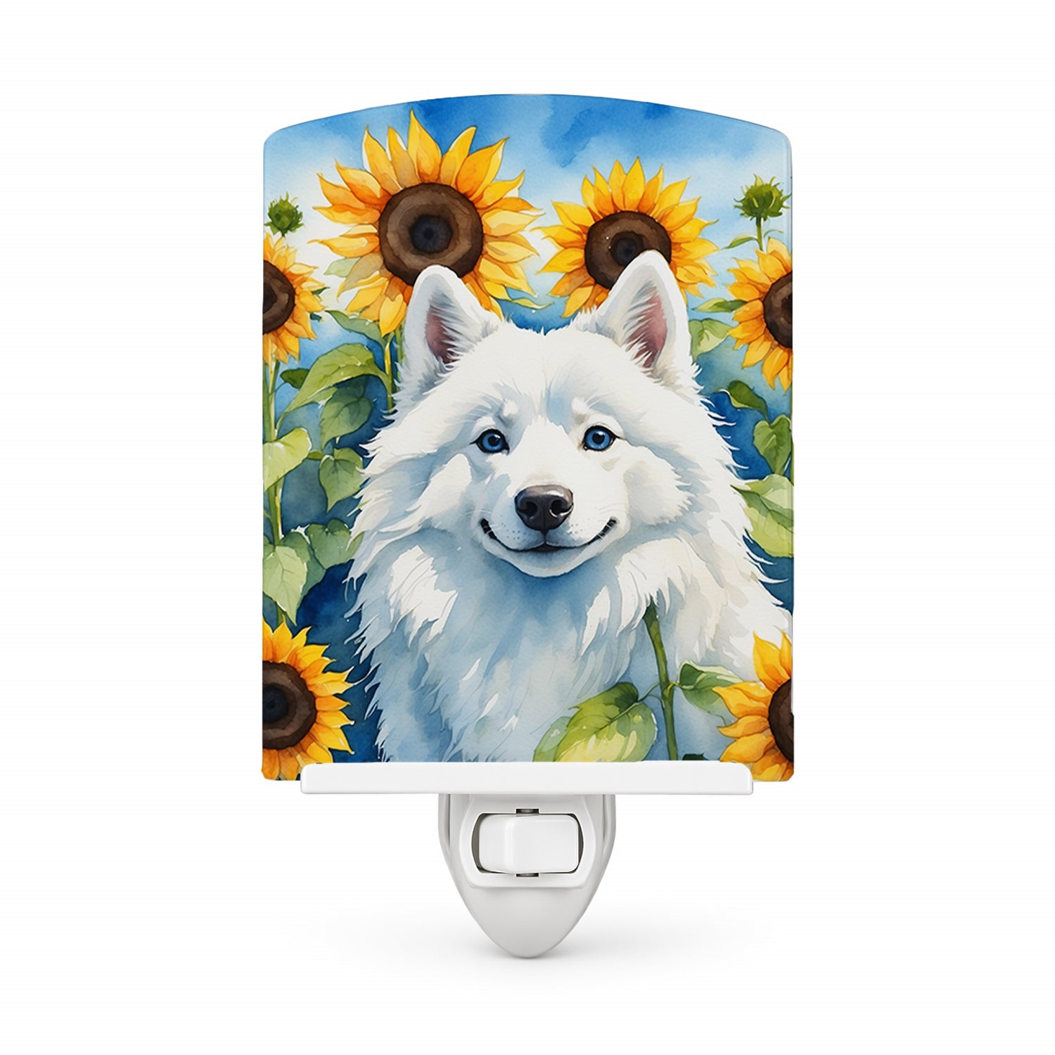 American Eskimo in Sunflowers Ceramic Night Light Compact, UL-Certified, Ideal for Bedroom, Bathroom, Nursery, Hallway, Kitchen, 6x4x3, Multicolor