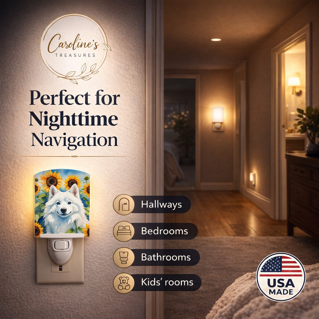 American Eskimo in Sunflowers Ceramic Night Light Compact, UL-Certified, Ideal for Bedroom, Bathroom, Nursery, Hallway, Kitchen, 6x4x3, Multicolor