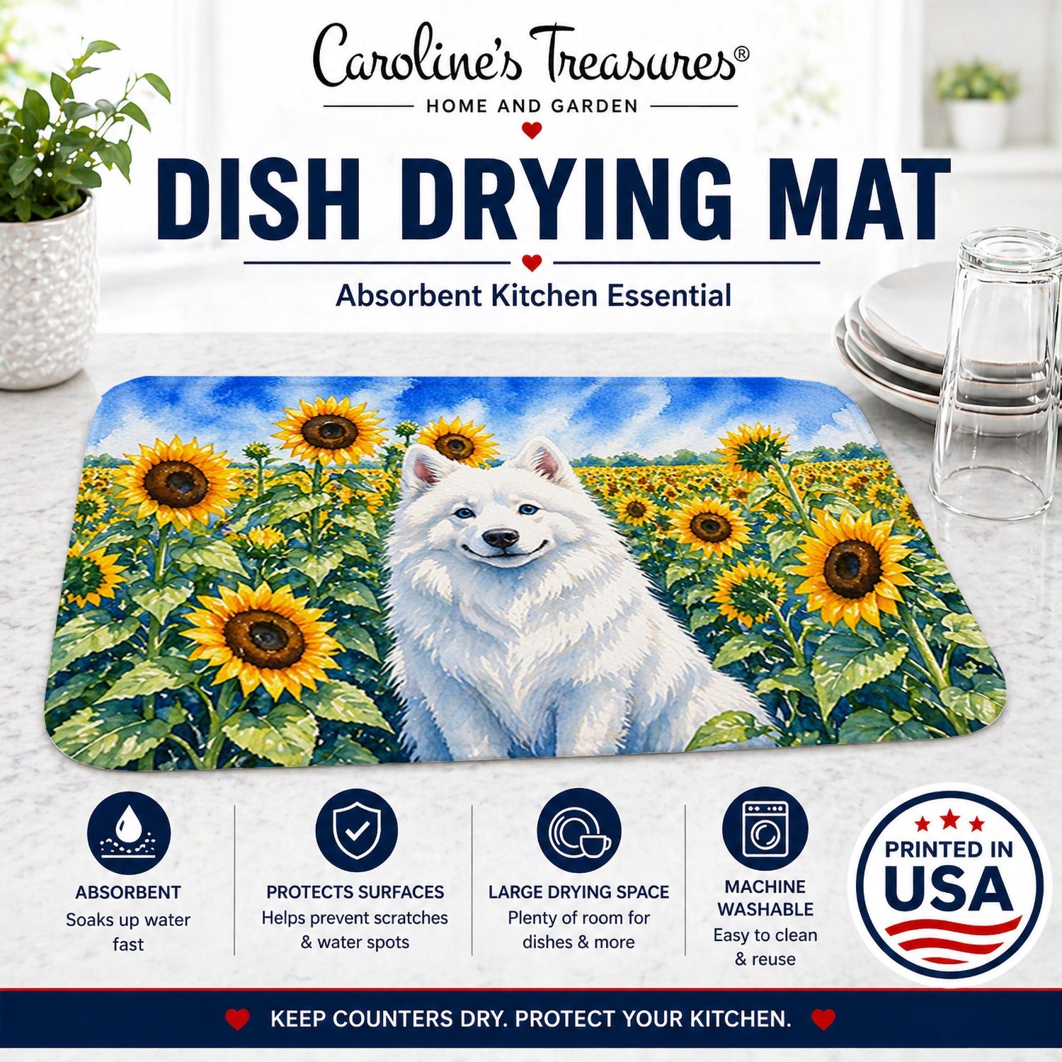 American Eskimo in Sunflowers Dish Drying Mat Absorbent Dish Drying Mat Pad for Kitchen Counter Dish Drainer Mat for Countertop, 14 x 21", Multicolor