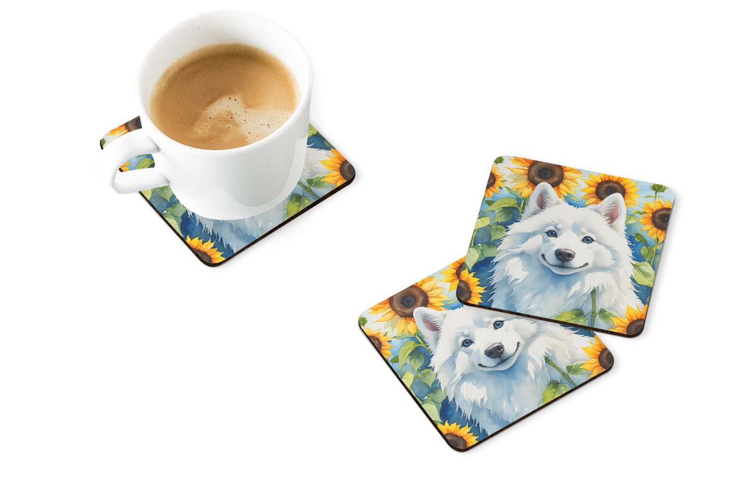 American Eskimo in Sunflowers Foam Coasters Set of 4 Cup Coasters for Indoor Outdoor, Tabletop Protection, Anti Slip, Mouse pad Material