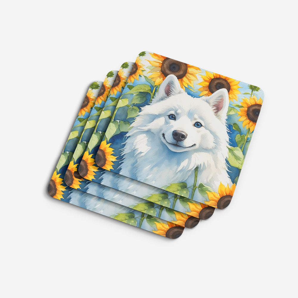 American Eskimo in Sunflowers Foam Coasters Set of 4 Cup Coasters for Indoor Outdoor, Tabletop Protection, Anti Slip, Mouse pad Material