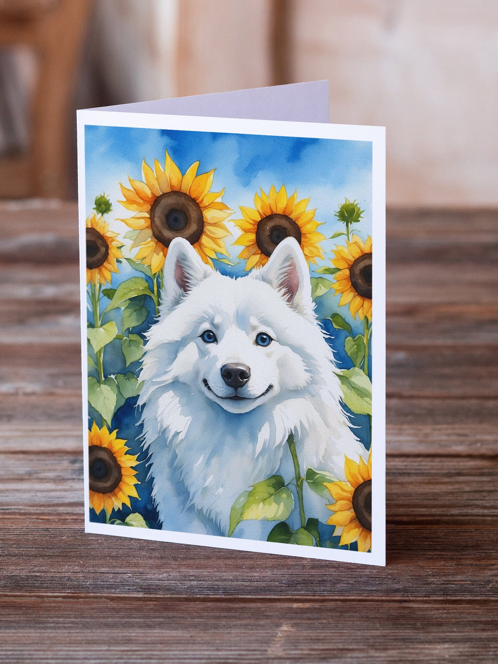 American Eskimo in Sunflowers Greeting Cards Pack of 8 Blank Cards with Envelopes Whimsical A7 Size 5x7