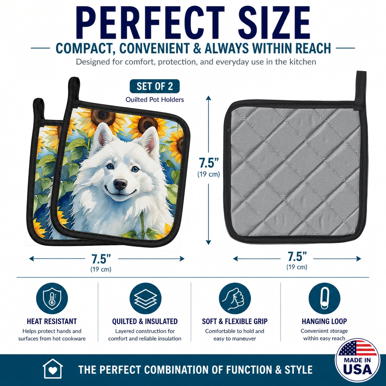 American Eskimo in Sunflowers Pot Holder Set of 2 Heat Resistant Quilted Hot Pads 7.5 x 7.5 Inch, Insulated Kitchen Trivets for Cooking & Baking