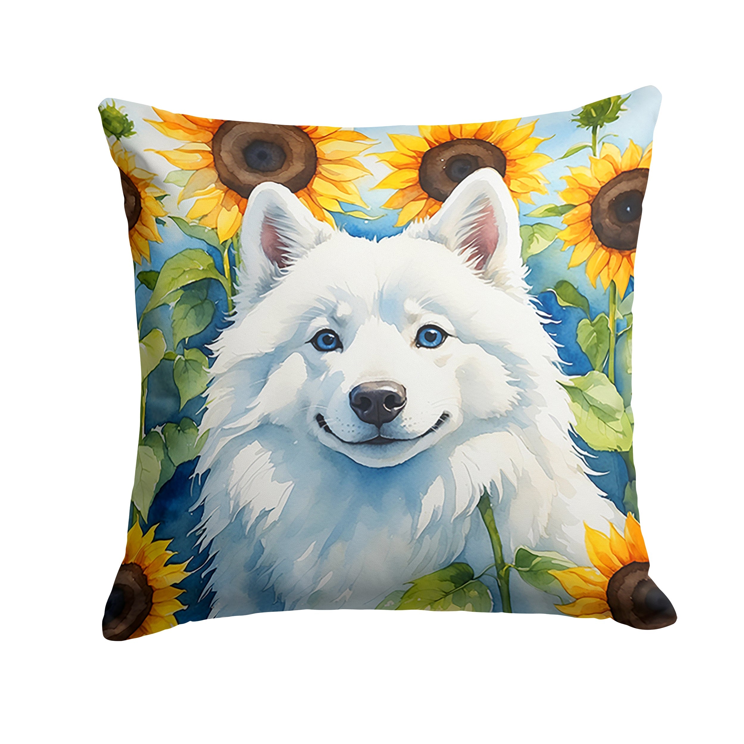American Eskimo in Sunflowers Decorative Throw Pillow 14x14 Indoor Outdoor Accent Cushion, Fabric Cover with Insert for Sofa, Bed, Porch & Living Room