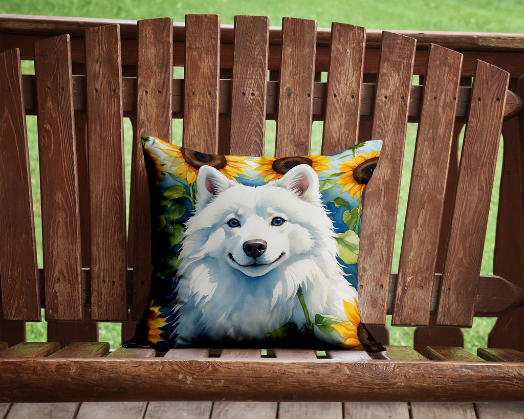 American Eskimo in Sunflowers Decorative Throw Pillow 14x14 Indoor Outdoor Accent Cushion, Fabric Cover with Insert for Sofa, Bed, Porch & Living Room