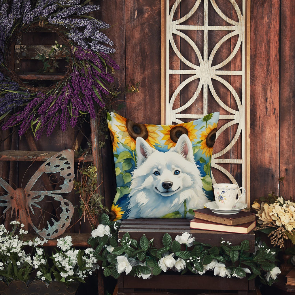 American Eskimo in Sunflowers Decorative Throw Pillow 14x14 Indoor Outdoor Accent Cushion, Fabric Cover with Insert for Sofa, Bed, Porch & Living Room