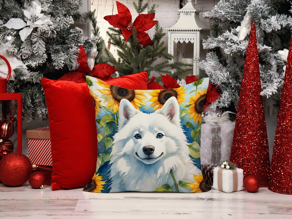 American Eskimo in Sunflowers Decorative Throw Pillow 14x14 Indoor Outdoor Accent Cushion, Fabric Cover with Insert for Sofa, Bed, Porch & Living Room