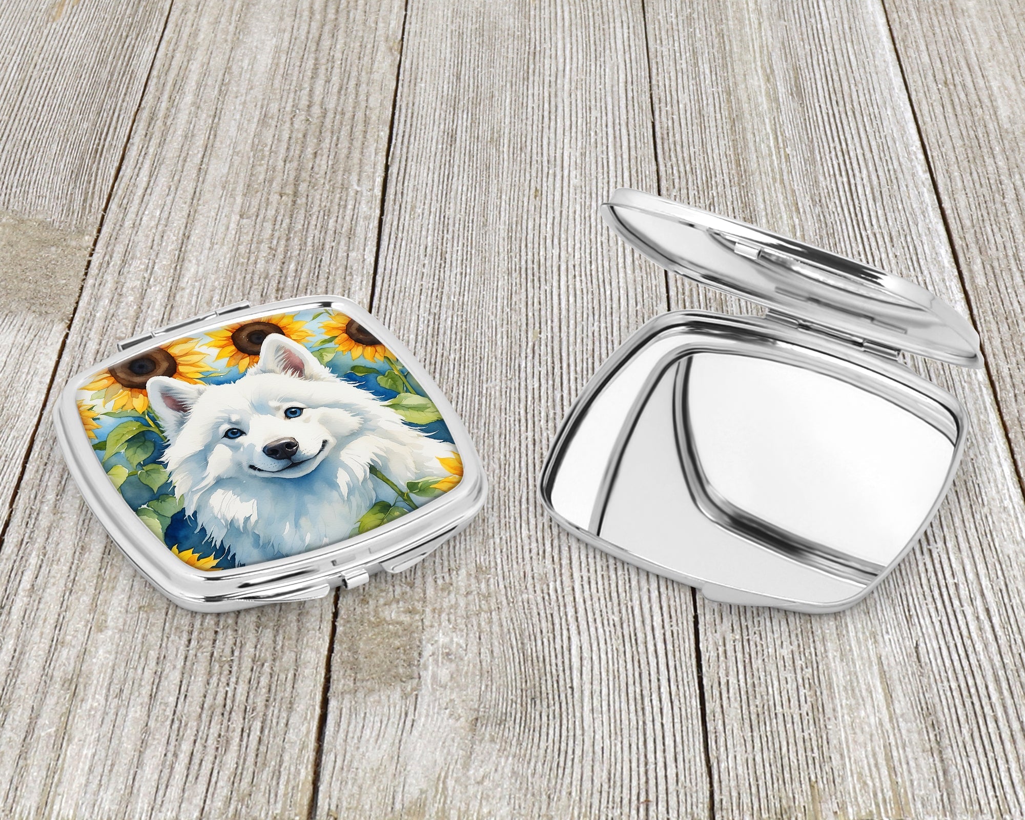 American Eskimo in Sunflowers Compact Mirror Decorative Travel Makeup Mirror for Women Girls Gifts Pocket Makeup Mirror Folding Handheld
