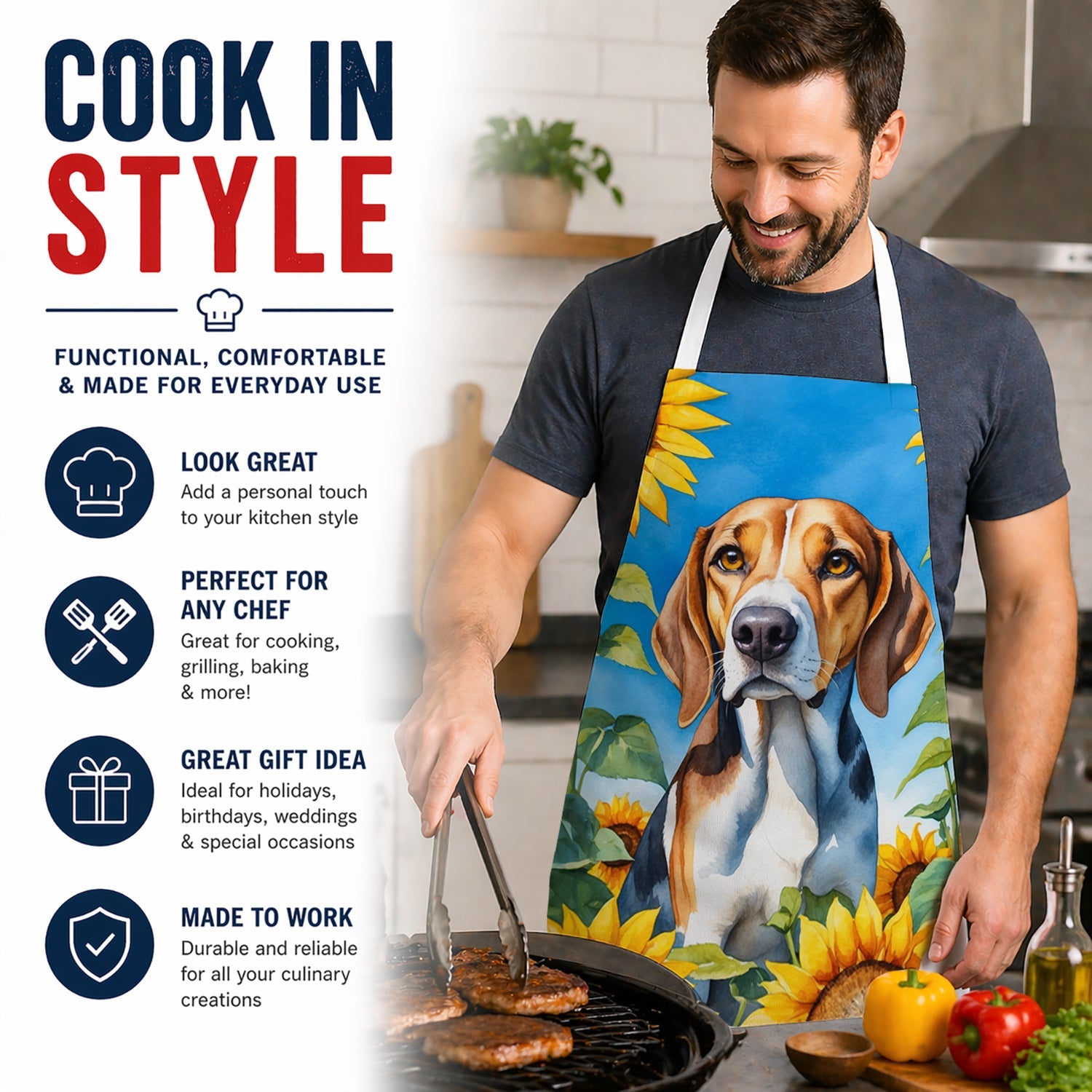 American Foxhound in Sunflowers Apron Cooking Kitchen Server Baking Crafts Gardening for Adult Women Men, Unisex, Large, Multicolor