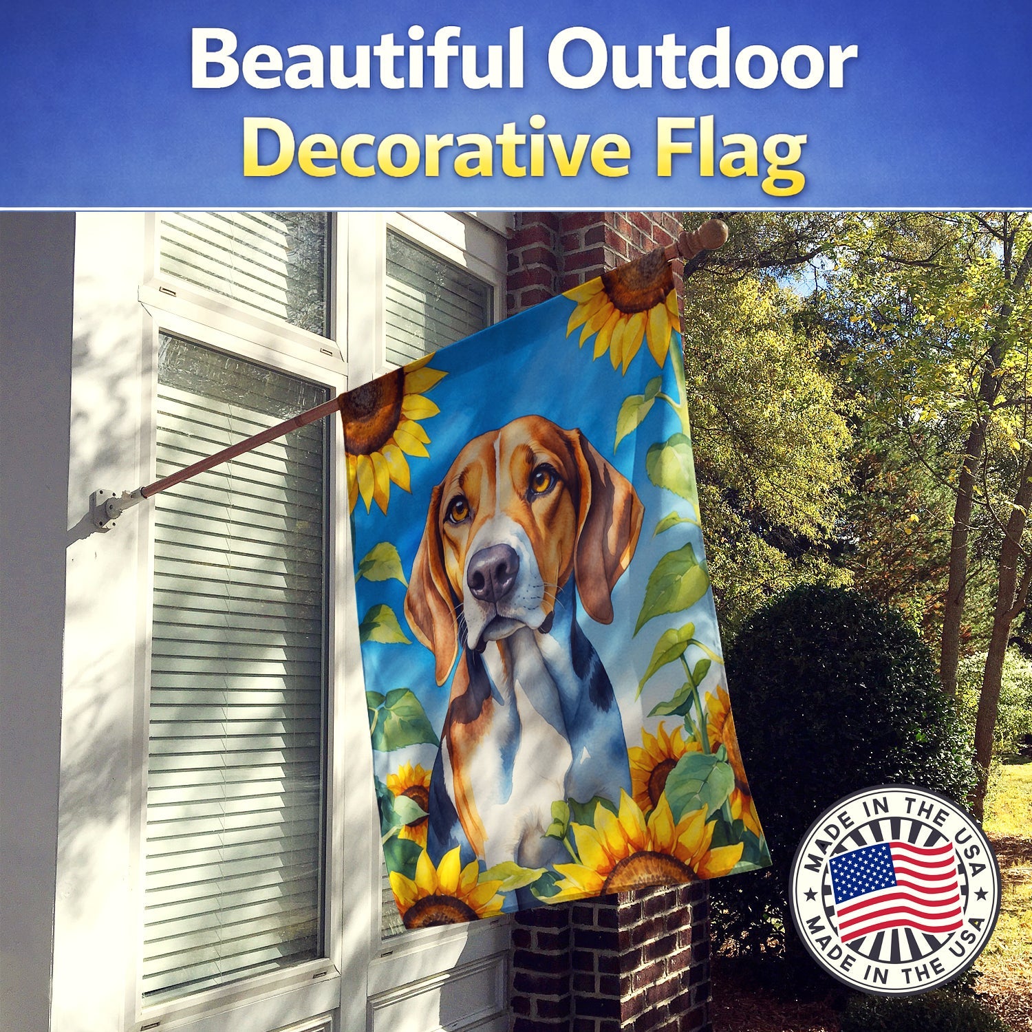 American Foxhound in Sunflowers House Flag 28x40 Porch Sleeve Pole Decorative Outside Yard Banner Artwork Wall Hanging, Polyester