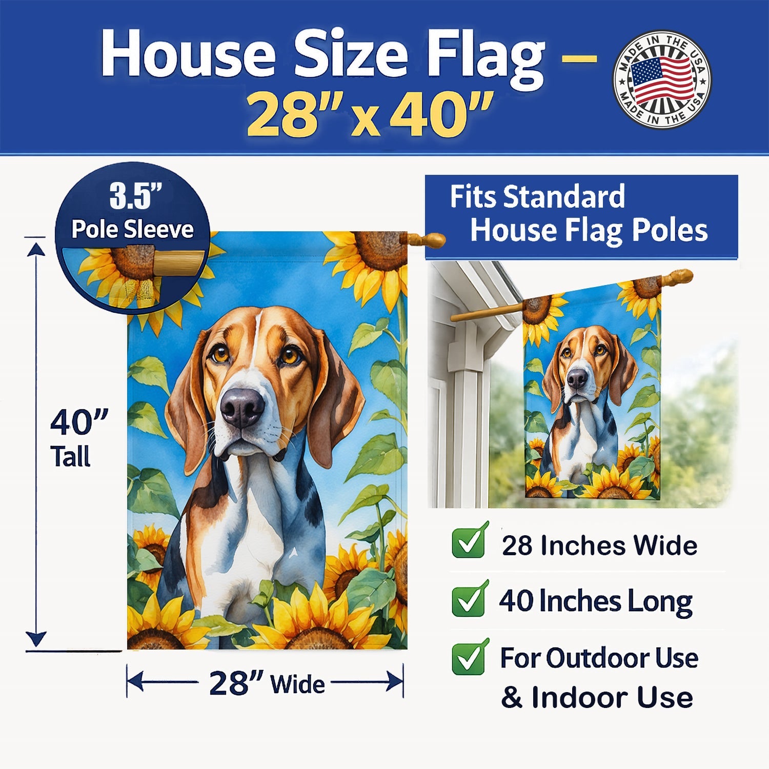 American Foxhound in Sunflowers House Flag 28x40 Porch Sleeve Pole Decorative Outside Yard Banner Artwork Wall Hanging, Polyester